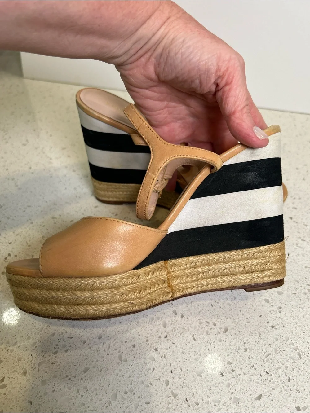 kate spade Tan‎ Espadrille Black & White Stripe Wedge Sandals 8 1/2